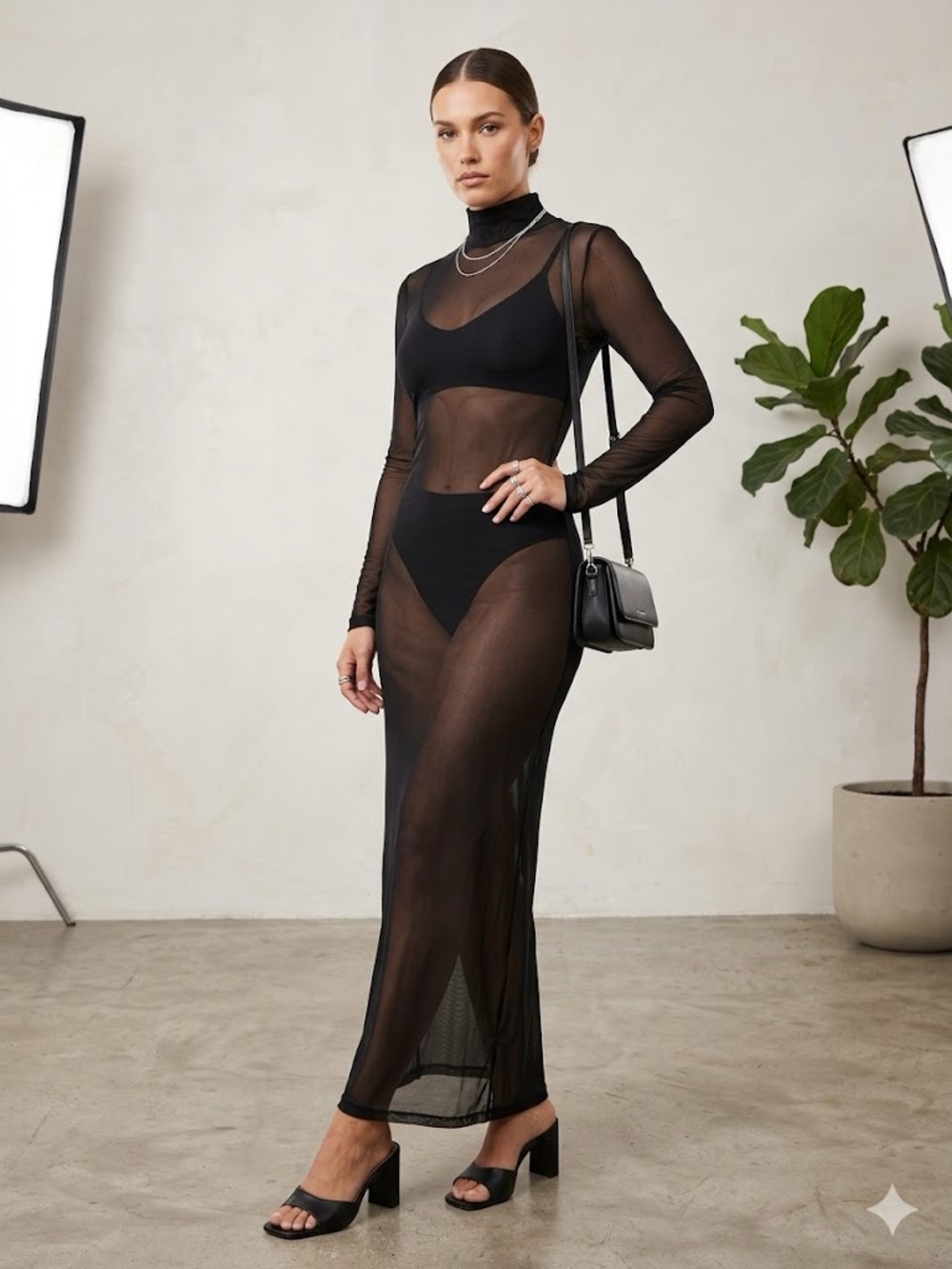 SHEIN Sheer Black Long Sleeve Maxi Dress
